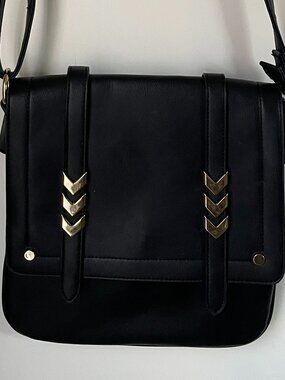 Black Faux Leather Crossbody Bag Gold Chevron Hardware Adjustable Strap